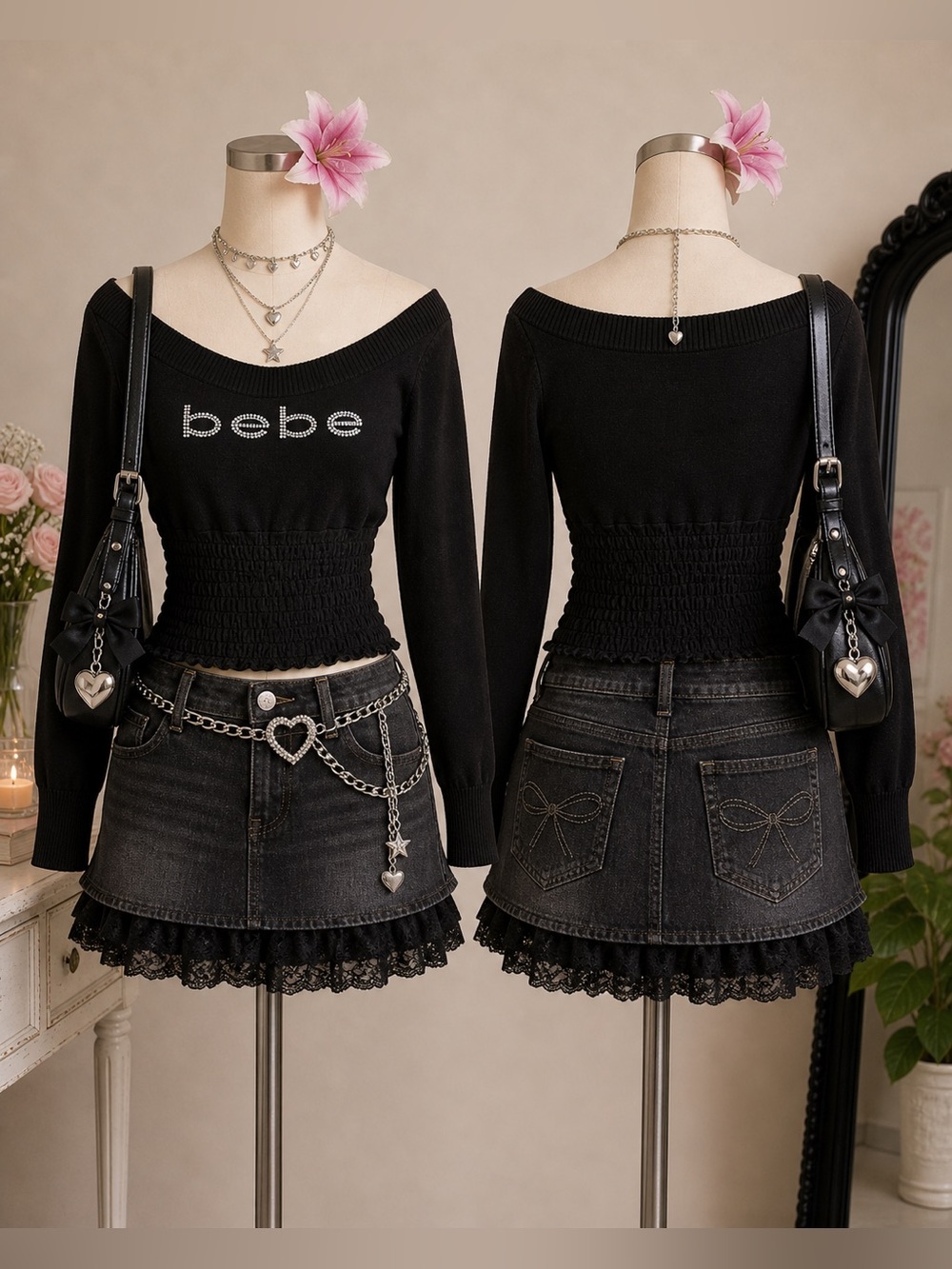 Bebe black scoop neck rhinestone logo sweater smocked waist Y2K mcbling size L